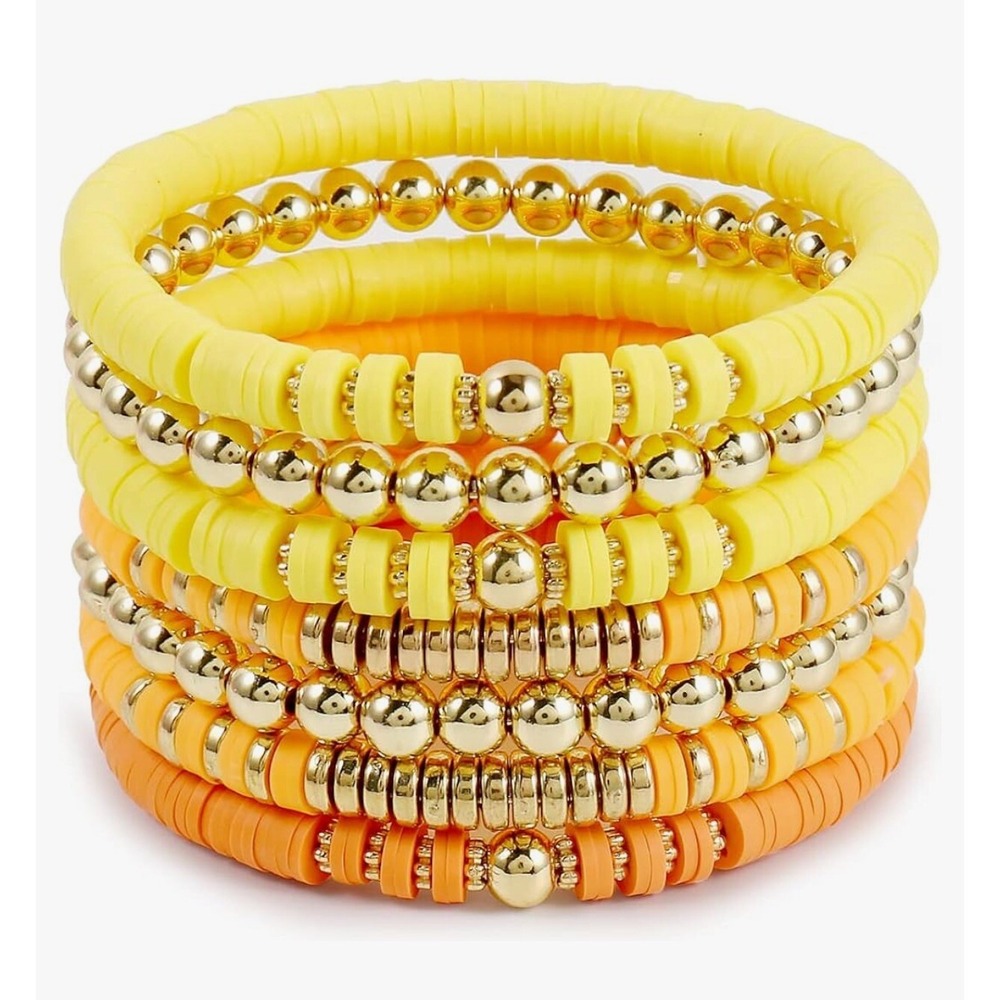 Boho Surfer Heishi‎ Clay Bead Bracelets for Women | Gold Stackable Stretch Set